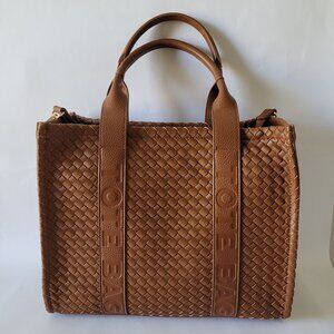 Cognac Brown Vegan Leather Woven Tote Bag & Wallet